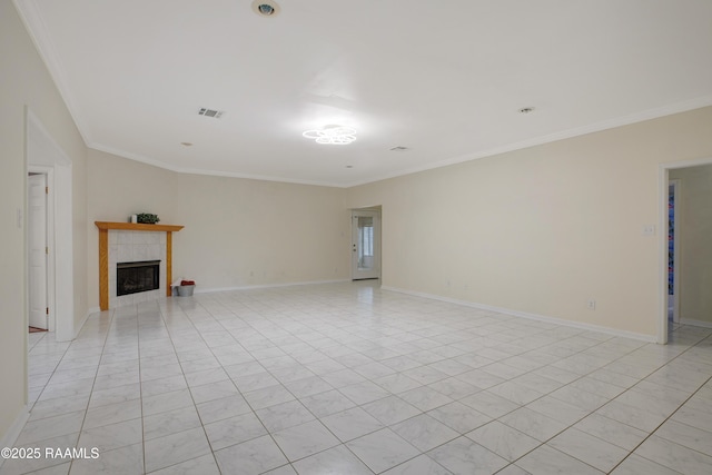 2116 George Dr, Opelousas, LA 70570 - unfurnished living room featuring ornamental molding, a tiled fireplace, and baseboards