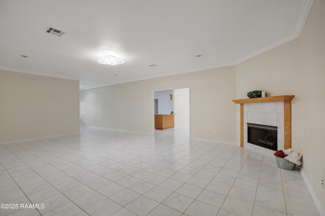 2116 George Dr, Opelousas, LA 70570 - unfurnished living room with a tiled fireplace, ornamental molding, baseboards, and light tile patterned floors