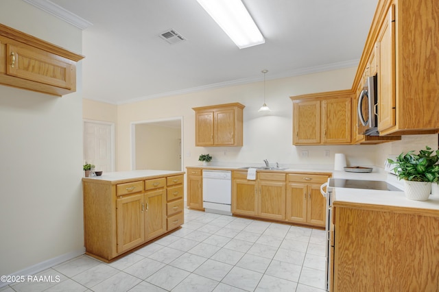 2116 George Dr, Opelousas, LA 70570 - kitchen featuring dishwasher, electric range oven, stainless steel microwave, ornamental molding, and a sink