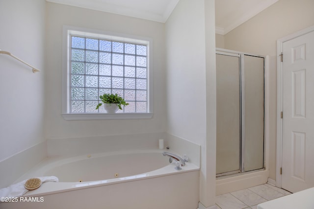 2116 George Dr, Opelousas, LA 70570 - full bathroom featuring crown molding, a stall shower, healthy amount of natural light, and a tub with jets