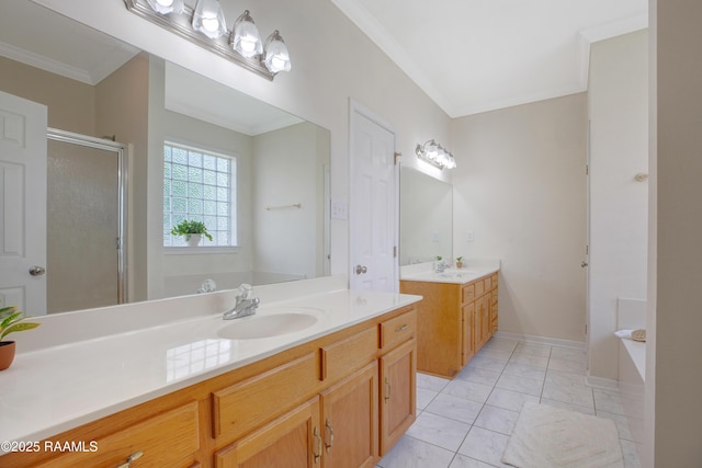 2116 George Dr, Opelousas, LA 70570 - full bath with a shower stall, two vanities, crown molding, marble finish floors, and a garden tub