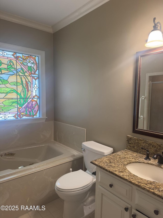 404 Old Settlement Rd, Lafayette, LA 70508 - full bath with vanity, a bath, toilet, crown molding, and tile patterned flooring