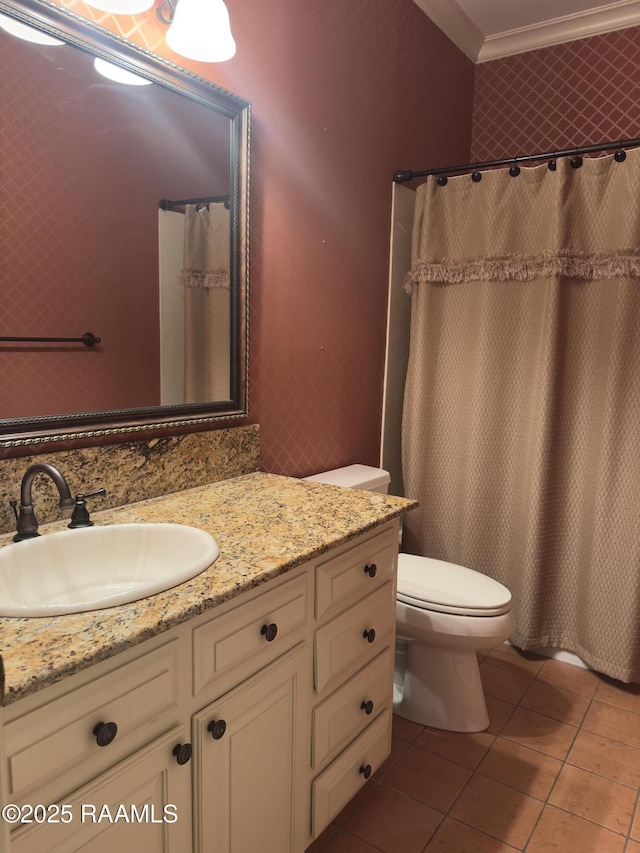 404 Old Settlement Rd, Lafayette, LA 70508 - full bath featuring toilet, vanity, tile patterned flooring, ornamental molding, and a shower with shower curtain