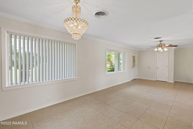 4119 Pleasant Dr, Lake Charles, LA 70605 - tiled spare room featuring a chandelier, crown molding, baseboards, and ceiling fan