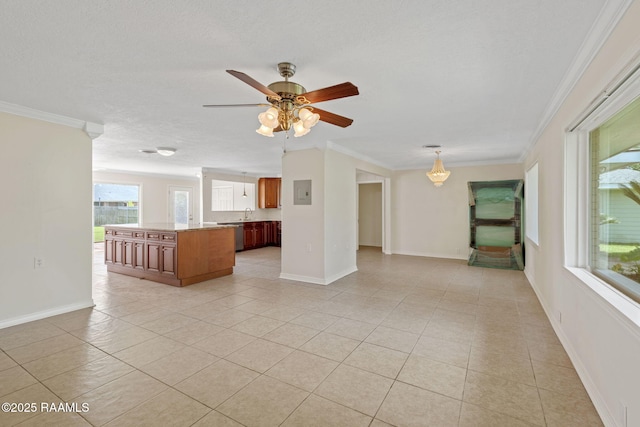 4119 Pleasant Dr, Lake Charles, LA 70605 - unfurnished living room featuring light tile patterned floors, crown molding, a ceiling fan, baseboards, and electric panel