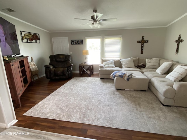 119 Opus Ln, Lafayette, LA 70506 - living room with ceiling fan, crown molding, dark wood-style flooring, and baseboards