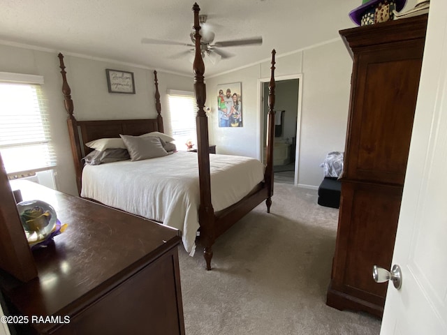 119 Opus Ln, Lafayette, LA 70506 - bedroom with light carpet, crown molding, a ceiling fan, and ensuite bathroom