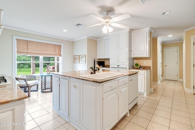 2424 Vista Dr, Opelousas, LA 70570 - kitchen with a sink, light tile patterned floors, ornamental molding, white cabinetry, and white appliances