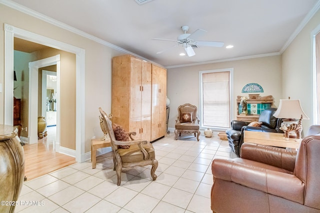 2424 Vista Dr, Opelousas, LA 70570 - living area with a ceiling fan, crown molding, recessed lighting, light tile patterned floors, and baseboards
