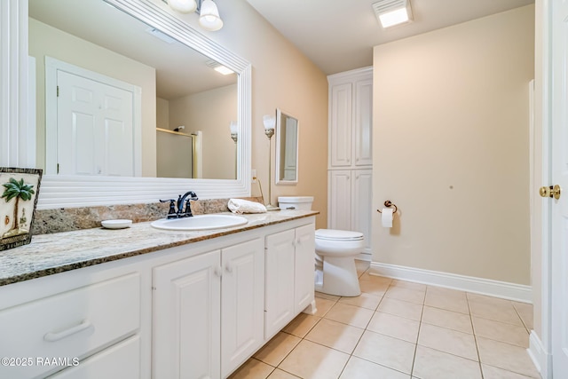 2424 Vista Dr, Opelousas, LA 70570 - bathroom featuring tile patterned floors, vanity, an enclosed shower, toilet, and baseboards