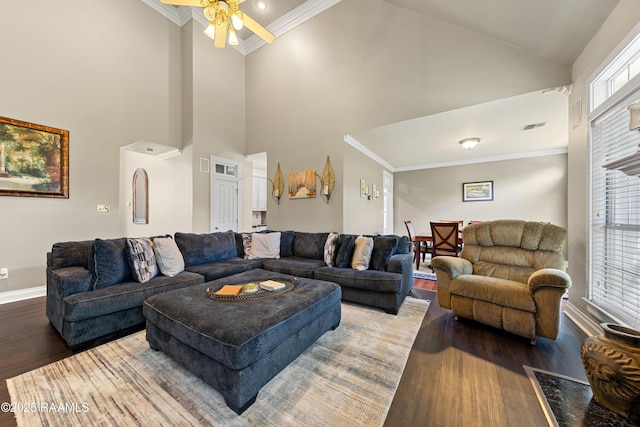 202 Kincaid Ct, Lafayette, LA 70508 - living area featuring wood finished floors, ornamental molding, ceiling fan, high vaulted ceiling, and baseboards