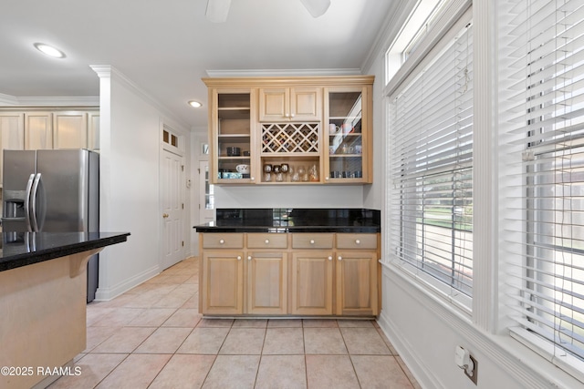 202 Kincaid Ct, Lafayette, LA 70508 - indoor dry bar with light tile patterned flooring, baseboards, stainless steel fridge with ice dispenser, recessed lighting, and ornamental molding