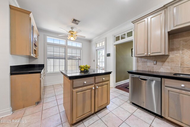 202 Kincaid Ct, Lafayette, LA 70508 - kitchen with stainless steel dishwasher, ceiling fan, healthy amount of natural light, tasteful backsplash, and crown molding