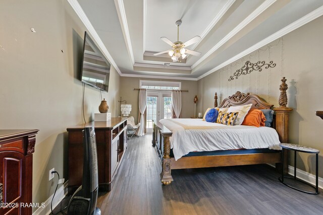 202 Kincaid Ct, Lafayette, LA 70508 - bedroom featuring access to exterior, crown molding, a tray ceiling, dark wood finished floors, and a ceiling fan