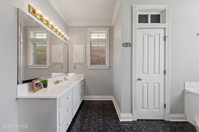 202 Kincaid Ct, Lafayette, LA 70508 - bathroom featuring vanity, crown molding, baseboards, and tile patterned floors
