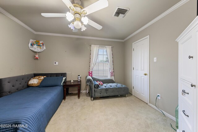 202 Kincaid Ct, Lafayette, LA 70508 - bedroom with ornamental molding, light colored carpet, baseboards, and a ceiling fan