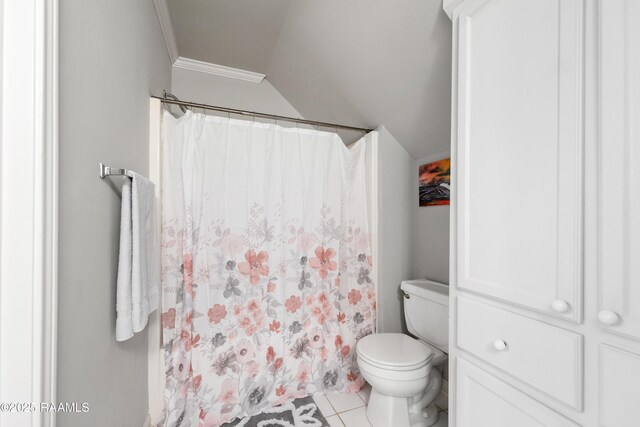 202 Kincaid Ct, Lafayette, LA 70508 - bathroom with toilet, lofted ceiling, tile patterned floors, crown molding, and a shower with shower curtain