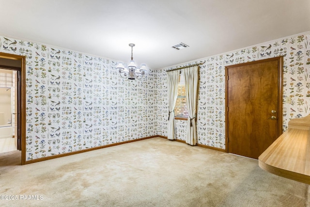 138 Cypress Dr, Opelousas, LA 70570 - unfurnished dining area featuring wallpapered walls, a chandelier, carpet, baseboards, and ornamental molding