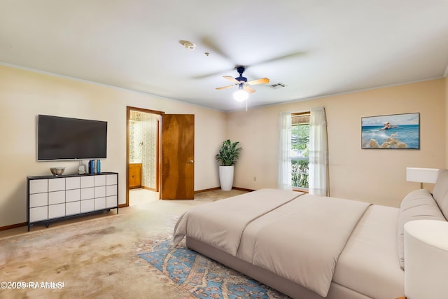138 Cypress Dr, Opelousas, LA 70570 - carpeted bedroom with baseboards, a ceiling fan, crown molding, and connected bathroom