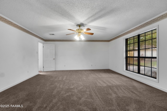 504 Presbytere Pkwy, Lafayette, LA 70503 - spare room with carpet, a ceiling fan, a textured ceiling, crown molding, and baseboards