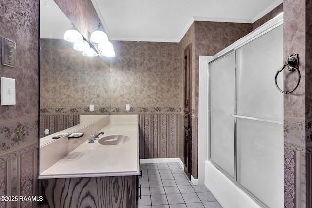 504 Presbytere Pkwy, Lafayette, LA 70503 - full bath featuring wallpapered walls, tile patterned floors, vanity, a chandelier, and ornamental molding