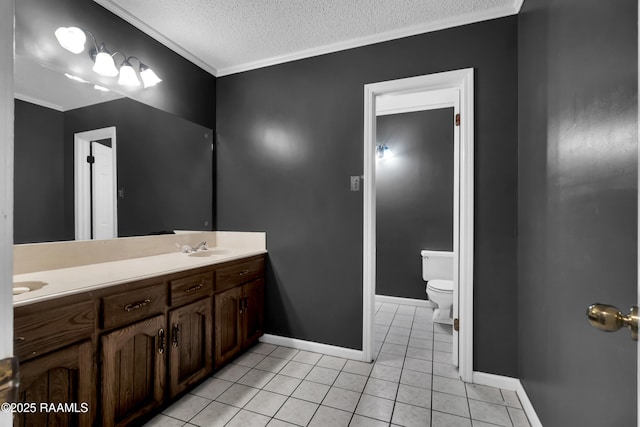 504 Presbytere Pkwy, Lafayette, LA 70503 - bathroom featuring double vanity, toilet, tile patterned flooring, a textured ceiling, and crown molding