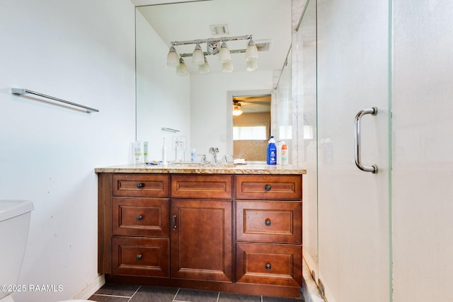 102 White Cir, Lafayette, LA 70506 - full bath with vanity, a stall shower, ceiling fan, and tile patterned floors