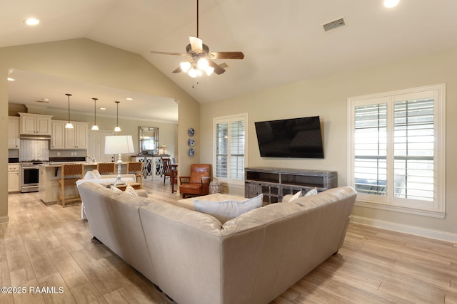 209 E Vincent St, Maurice, LA 70555 - living area with a ceiling fan, light wood finished floors, lofted ceiling, plenty of natural light, and recessed lighting