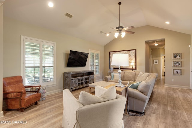 209 E Vincent St, Maurice, LA 70555 - living area with light wood-type flooring, ceiling fan, lofted ceiling, baseboards, and recessed lighting