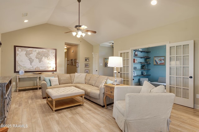 209 E Vincent St, Maurice, LA 70555 - living room with light wood-style floors, ceiling fan, vaulted ceiling, french doors, and recessed lighting
