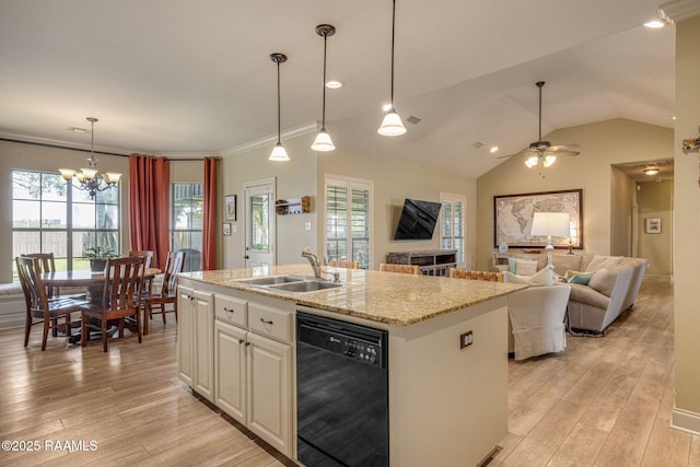209 E Vincent St, Maurice, LA 70555 - kitchen with black dishwasher, a sink, a center island with sink, light wood-style flooring, and plenty of natural light