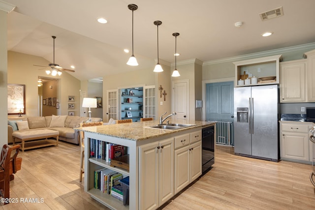 209 E Vincent St, Maurice, LA 70555 - kitchen featuring stainless steel refrigerator with ice dispenser, open shelves, a sink, dishwasher, and light wood finished floors