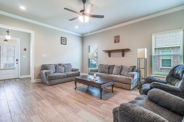 111 Rose Of Sharon Ln, Lafayette, LA 70508 - living area with a ceiling fan, light wood-style flooring, baseboards, crown molding, and recessed lighting