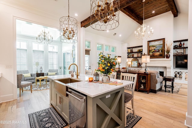 207 Bronze Palm Way, Youngsville, LA 70592 - kitchen featuring a chandelier, dishwasher, open floor plan, beam ceiling, and recessed lighting