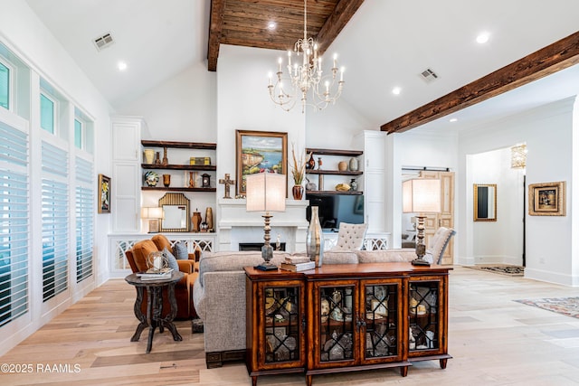 207 Bronze Palm Way, Youngsville, LA 70592 - living room with beam ceiling, light wood-style floors, a chandelier, recessed lighting, and high vaulted ceiling