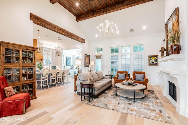 207 Bronze Palm Way, Youngsville, LA 70592 - living room with a chandelier, high vaulted ceiling, light wood-type flooring, a fireplace, and a wooden ceiling with exposed beams