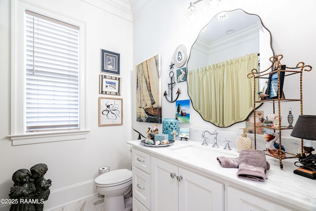 207 Bronze Palm Way, Youngsville, LA 70592 - bathroom with marble look tile flooring, vanity, ornamental molding, and a shower with shower curtain