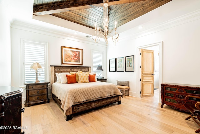 207 Bronze Palm Way, Youngsville, LA 70592 - bedroom featuring a chandelier, light wood-style floors, crown molding, wooden ceiling, and recessed lighting