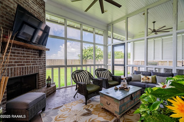 207 Bronze Palm Way, Youngsville, LA 70592 - sunroom / solarium with a ceiling fan and an outdoor living space with a fireplace