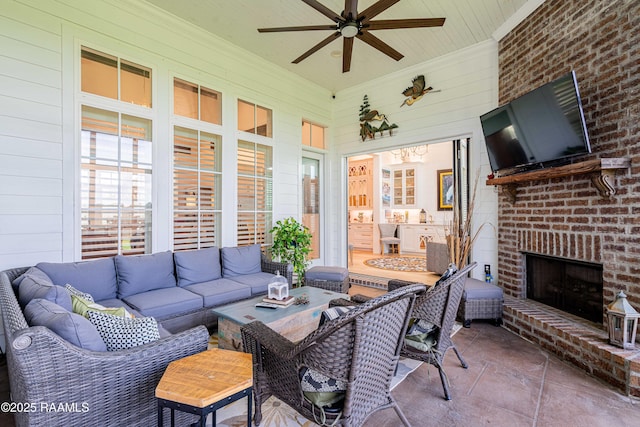 207 Bronze Palm Way, Youngsville, LA 70592 - view of patio / terrace featuring an outdoor living space with a fireplace and a ceiling fan
