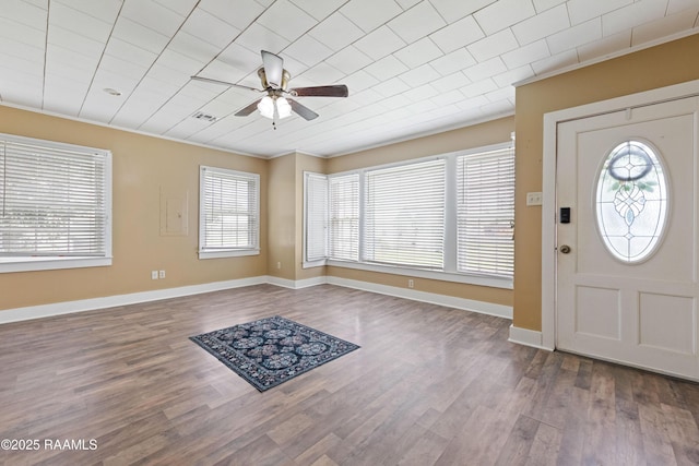 206 N Fernand St, Delcambre, LA 70528 - foyer featuring ceiling fan, ornamental molding, dark wood-style flooring, and baseboards