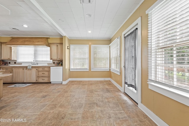206 N Fernand St, Delcambre, LA 70528 - kitchen with dishwasher, light brown cabinets, light countertops, baseboards, and a sink