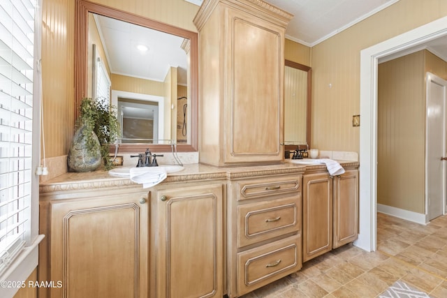 206 N Fernand St, Delcambre, LA 70528 - bathroom featuring double vanity and ornamental molding