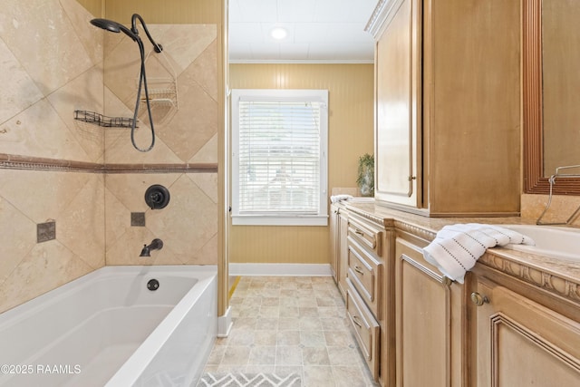 206 N Fernand St, Delcambre, LA 70528 - bathroom with vanity, ornamental molding, bathtub / shower combination, and baseboards