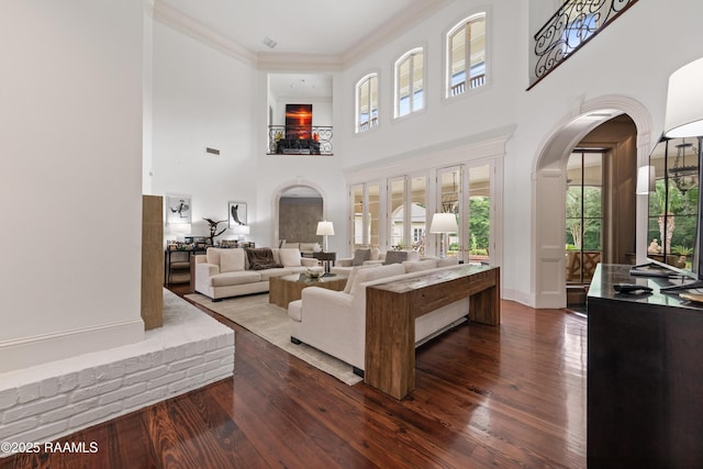 12425 N Marcus Rd, Abbeville, LA 70510 - living area featuring arched walkways, dark wood-style floors, ornamental molding, and a towering ceiling