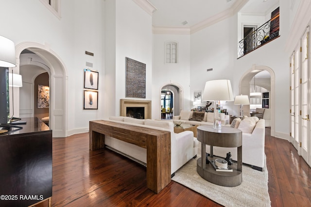 12425 N Marcus Rd, Abbeville, LA 70510 - living room featuring a towering ceiling, dark wood-style floors, arched walkways, crown molding, and a fireplace