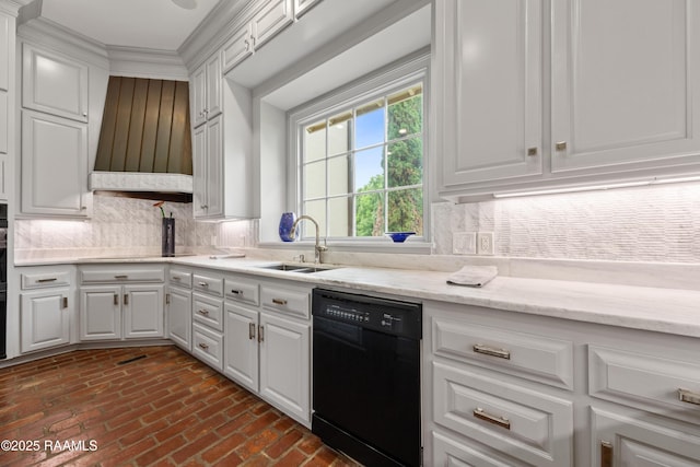 12425 N Marcus Rd, Abbeville, LA 70510 - kitchen with black appliances, a sink, white cabinetry, brick flooring, and crown molding
