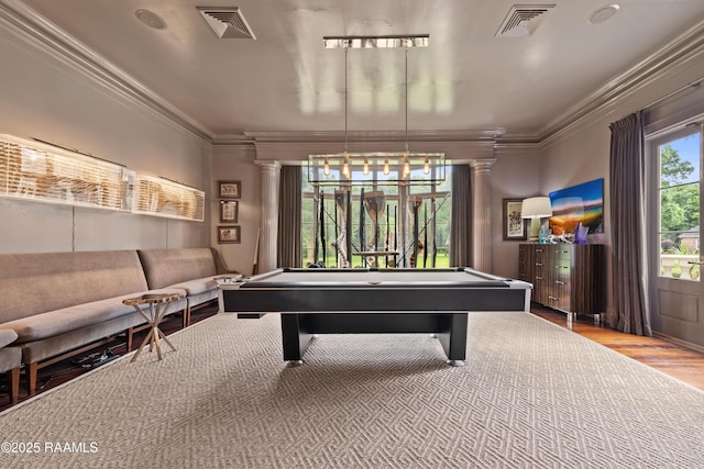 12425 N Marcus Rd, Abbeville, LA 70510 - rec room featuring crown molding, wood finished floors, ornate columns, and pool table