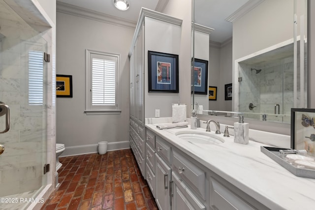 12425 N Marcus Rd, Abbeville, LA 70510 - full bath with crown molding, vanity, baseboards, a shower stall, and toilet