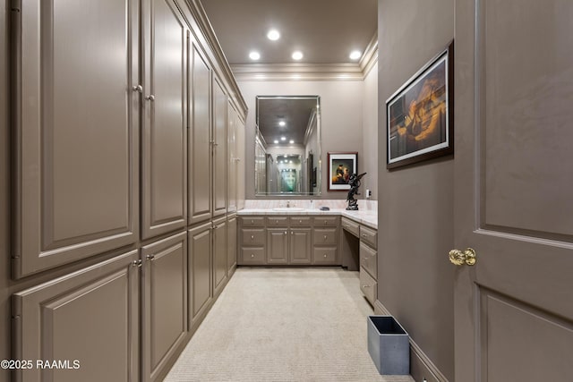 12425 N Marcus Rd, Abbeville, LA 70510 - full bathroom featuring double vanity, ornamental molding, and recessed lighting